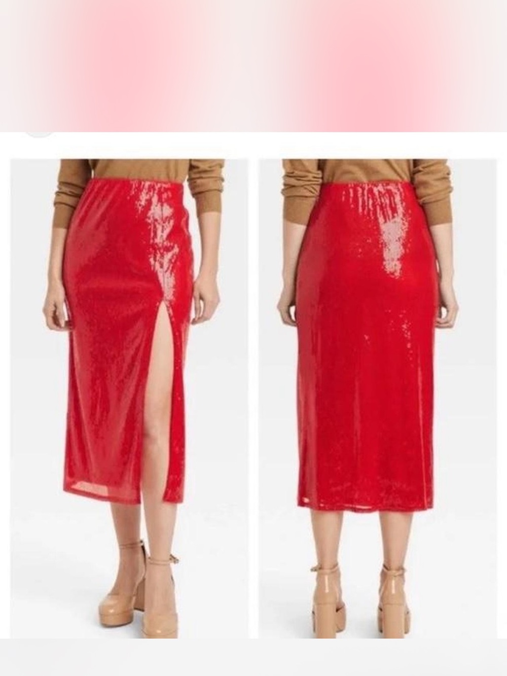 Red Sequin Midi Skirt with Side Slit